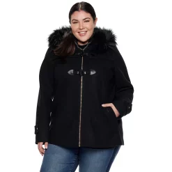 Plus Size Nine West Hooded Faux-Fur Trim Toggle Coat