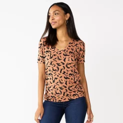 Women's Nine West Essential V-Neck Tee -Clothing Sales Store 4841148 Black Brown Strokes
