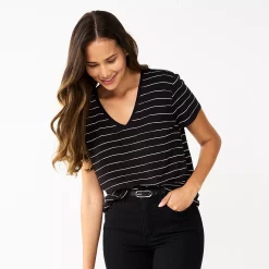 Women's Nine West Essential V-Neck Tee -Clothing Sales Store 4841148 Black White Stripe