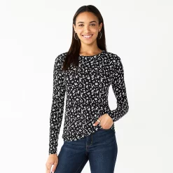 Women's Nine West Essential Soft-Spun Long Sleeve Crewneck Tee -Clothing Sales Store 4994081 Black Animal