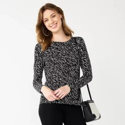 Women's Nine West Essential Soft-Spun Long Sleeve Crewneck Tee -Clothing Sales Store 4994081 Black Wood Diagonal