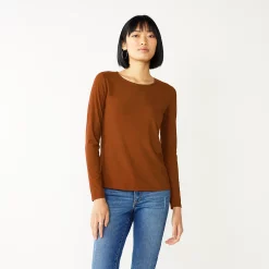 Women's Nine West Essential Soft-Spun Long Sleeve Crewneck Tee -Clothing Sales Store 4994081 Brown Brick Rib