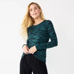 Women's Nine West Essential Soft-Spun Long Sleeve Crewneck Tee -Clothing Sales Store 4994081 Green Zebra