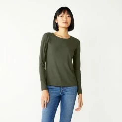Women's Nine West Essential Soft-Spun Long Sleeve Crewneck Tee -Clothing Sales Store 4994081 Infantry Olive Rib