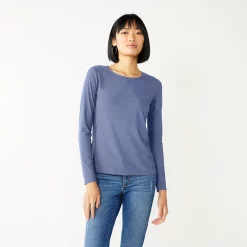 Women's Nine West Essential Soft-Spun Long Sleeve Crewneck Tee -Clothing Sales Store 4994081 Kelly Lavender Rib