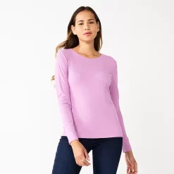 Women's Nine West Essential Soft-Spun Long Sleeve Crewneck Tee -Clothing Sales Store 4994081 Lupine Lilac Rib