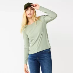 Women's Nine West Essential Soft-Spun Long Sleeve Crewneck Tee -Clothing Sales Store 4994081 Malou Green Rib