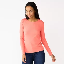 Women's Nine West Essential Soft-Spun Long Sleeve Crewneck Tee -Clothing Sales Store 4994081 Marine Coral Rib