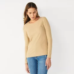 Women's Nine West Essential Soft-Spun Long Sleeve Crewneck Tee -Clothing Sales Store 4994081 Medium Cork Heather