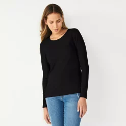Women's Nine West Essential Soft-Spun Long Sleeve Crewneck Tee -Clothing Sales Store 4994081 Mineral Black Rib