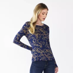 Women's Nine West Essential Soft-Spun Long Sleeve Crewneck Tee -Clothing Sales Store 4994081 Navy Vine Floral
