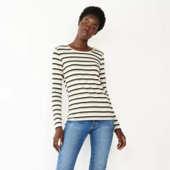 Women's Nine West Essential Soft-Spun Long Sleeve Crewneck Tee -Clothing Sales Store 4994081 Neutral Glitter Stripe
