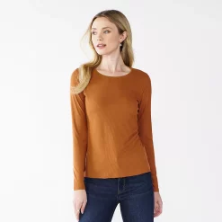 Women's Nine West Essential Soft-Spun Long Sleeve Crewneck Tee -Clothing Sales Store 4994081 Nutmeg Coffee