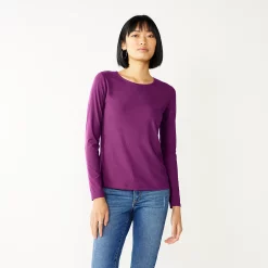 Women's Nine West Essential Soft-Spun Long Sleeve Crewneck Tee -Clothing Sales Store 4994081 Pansy Plum Rib