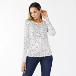 Women's Nine West Essential Soft-Spun Long Sleeve Crewneck Tee -Clothing Sales Store 4994081 Small White Cheetah