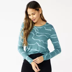 Women's Nine West Essential Soft-Spun Long Sleeve Crewneck Tee -Clothing Sales Store 4994081 Teal Wavy Stripe