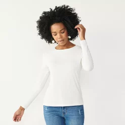 Women's Nine West Essential Soft-Spun Long Sleeve Crewneck Tee -Clothing Sales Store 4994081 White Knight Rib