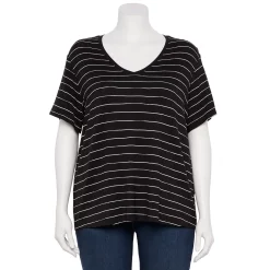 Plus Size Nine West Essential Soft Spun Short Sleeve V-Neck Top -Clothing Sales Store 5233799 Black White Stripe