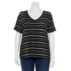 Plus Size Nine West Essential Soft Spun Short Sleeve V-Neck Top -Clothing Sales Store 5233799 Black White Stripes