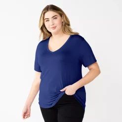 Plus Size Nine West Essential Soft Spun Short Sleeve V-Neck Top -Clothing Sales Store 5233799 Blue