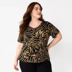 Plus Size Nine West Essential Soft Spun Short Sleeve V-Neck Top -Clothing Sales Store 5233799 Bronze Parted Zebra