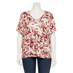 Plus Size Nine West Essential Soft Spun Short Sleeve V-Neck Top -Clothing Sales Store 5233799 Brown Tropical Floral