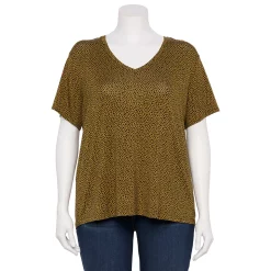 Plus Size Nine West Essential Soft Spun Short Sleeve V-Neck Top -Clothing Sales Store 5233799 Cognac Cobble Dot
