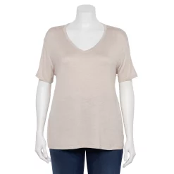 Plus Size Nine West Essential Soft Spun Short Sleeve V-Neck Top -Clothing Sales Store 5233799 Dusty Salt Heather