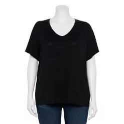 Plus Size Nine West Essential Soft Spun Short Sleeve V-Neck Top -Clothing Sales Store 5233799 Mineral Black