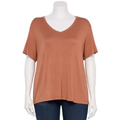 Plus Size Nine West Essential Soft Spun Short Sleeve V-Neck Top -Clothing Sales Store 5233799 Mocha Frosting