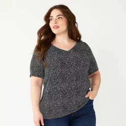 Plus Size Nine West Essential Soft Spun Short Sleeve V-Neck Top -Clothing Sales Store 5233799 Scribble Black Dot