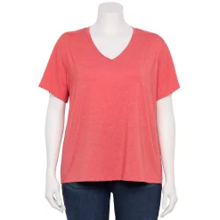Plus Size Nine West Essential Soft Spun Short Sleeve V-Neck Top -Clothing Sales Store 5233799 Sicily Tomato