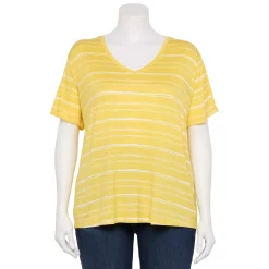 Plus Size Nine West Essential Soft Spun Short Sleeve V-Neck Top -Clothing Sales Store 5233799 Yellow Stripe
