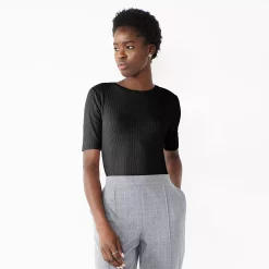 Women's Nine West Ribbed Fitted Elbow-Sleeve Tee -Clothing Sales Store 5236177 Black