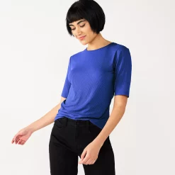 Women's Nine West Ribbed Fitted Elbow-Sleeve Tee -Clothing Sales Store 5236177 Clara Purple