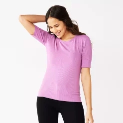 Women's Nine West Ribbed Fitted Elbow-Sleeve Tee -Clothing Sales Store 5236177 Lavender Mauve