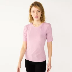 Women's Nine West Ribbed Fitted Elbow-Sleeve Tee -Clothing Sales Store 5236177 Lilac Necklace