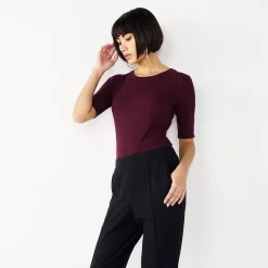 Women's Nine West Ribbed Fitted Elbow-Sleeve Tee -Clothing Sales Store 5236177 Maddie Plum