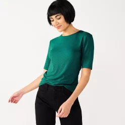 Women's Nine West Ribbed Fitted Elbow-Sleeve Tee -Clothing Sales Store 5236177 Night Tide