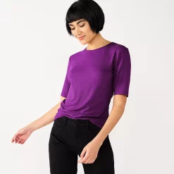 Women's Nine West Ribbed Fitted Elbow-Sleeve Tee -Clothing Sales Store 5236177 Pansy Plum