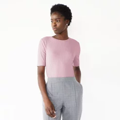 Women's Nine West Ribbed Fitted Elbow-Sleeve Tee -Clothing Sales Store 5236177 Pink Hoodie