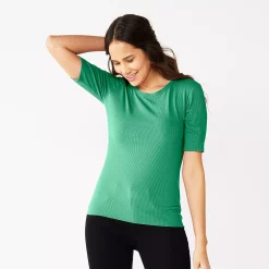 Women's Nine West Ribbed Fitted Elbow-Sleeve Tee -Clothing Sales Store 5236177 Reef Green