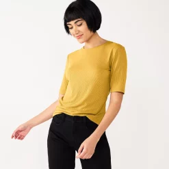 Women's Nine West Ribbed Fitted Elbow-Sleeve Tee -Clothing Sales Store 5236177 Toasted Olive