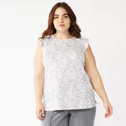 Plus Size Nine West Ruffle Shoulder Tank -Clothing Sales Store 5245346 Gray Animal