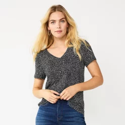 Petite Nine West Essential Short Sleeve V-Neck Tee -Clothing Sales Store 5246433 Black Animal