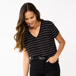 Petite Nine West Essential Short Sleeve V-Neck Tee -Clothing Sales Store 5246433 Black White Stripe