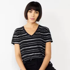Petite Nine West Essential Short Sleeve V-Neck Tee -Clothing Sales Store 5246433 Black White Stripes