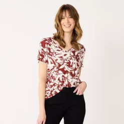 Petite Nine West Essential Short Sleeve V-Neck Tee -Clothing Sales Store 5246433 Brown Tropical Floral