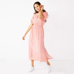 Women's Nine West Puff Sleeve Maxi Dress -Clothing Sales Store 5261378 Peach Faded Leopard