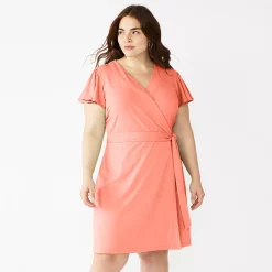 Plus Size Nine West Flutter Sleeve Wrap Dress -Clothing Sales Store 5262327 Cruz Coral
